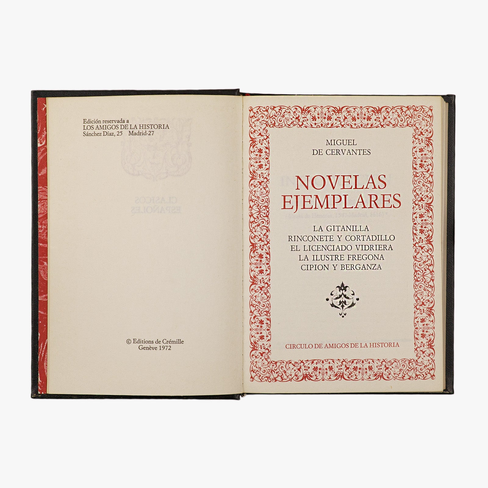 Cervantes — Novelas ejemplares (Círculo de Amigos de la Historia, 1972). Livro físico. Encadernação editorial com douração.