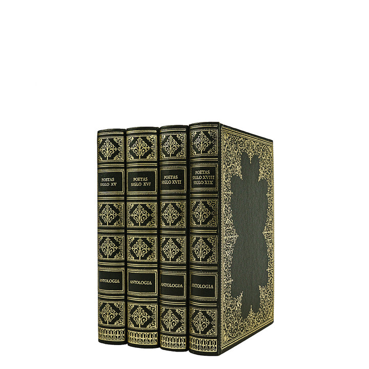 Sáinz de Robles (org.) — Antología de poetas (s. XV–XIX), 4 volumes. Livros físicos. Encadernação editorial com douração.
