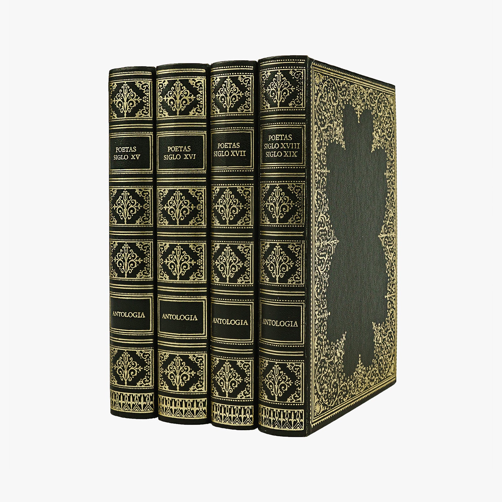 Sáinz de Robles (org.) — Antología de poetas (s. XV–XIX), 4 volumes. Livros físicos. Encadernação editorial com douração.