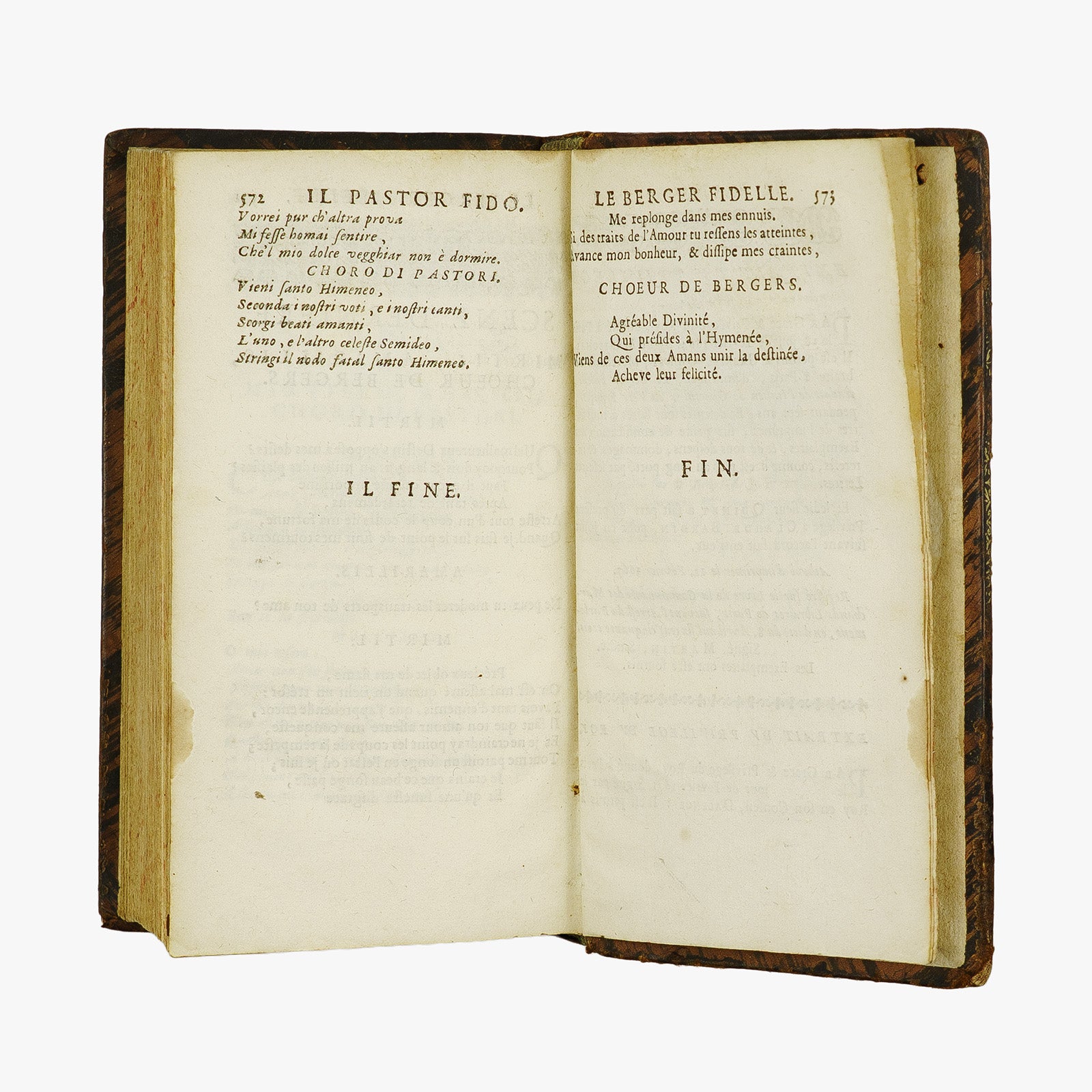 Guarini — Il Pastor Fido / Le Berger Fidelle (Claude Barbin, 1672). Livro físico raro bilíngue. Século XVII. Encadernação em couro com douração.