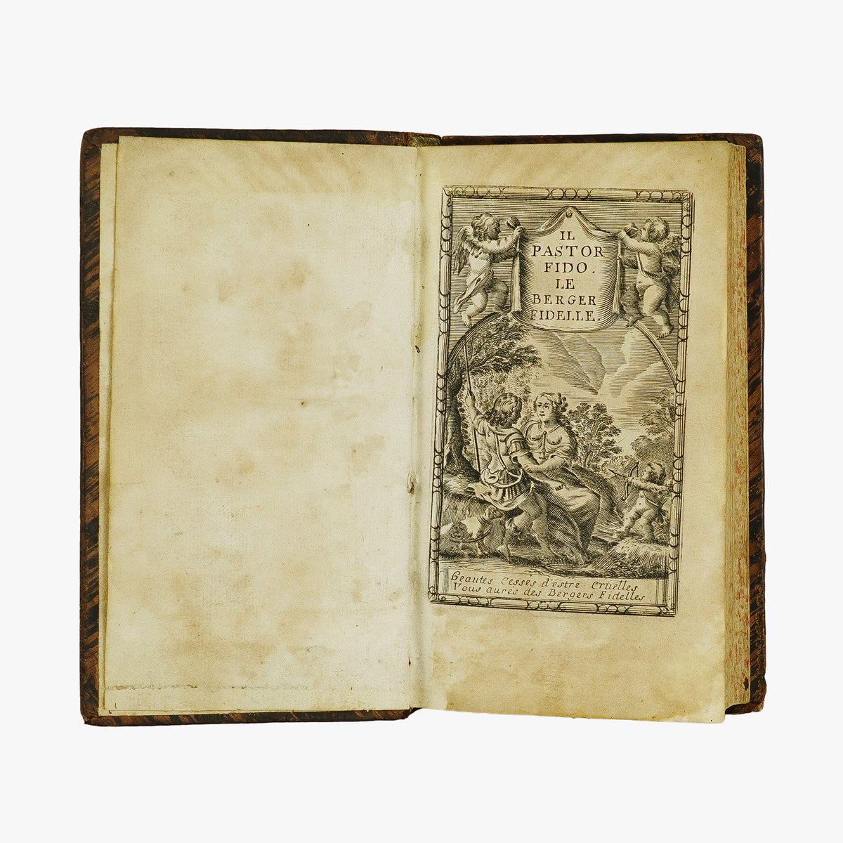 Guarini — Il Pastor Fido / Le Berger Fidelle (Claude Barbin, 1672). Livro físico raro. Século XVII. Encadernação em couro com douração.