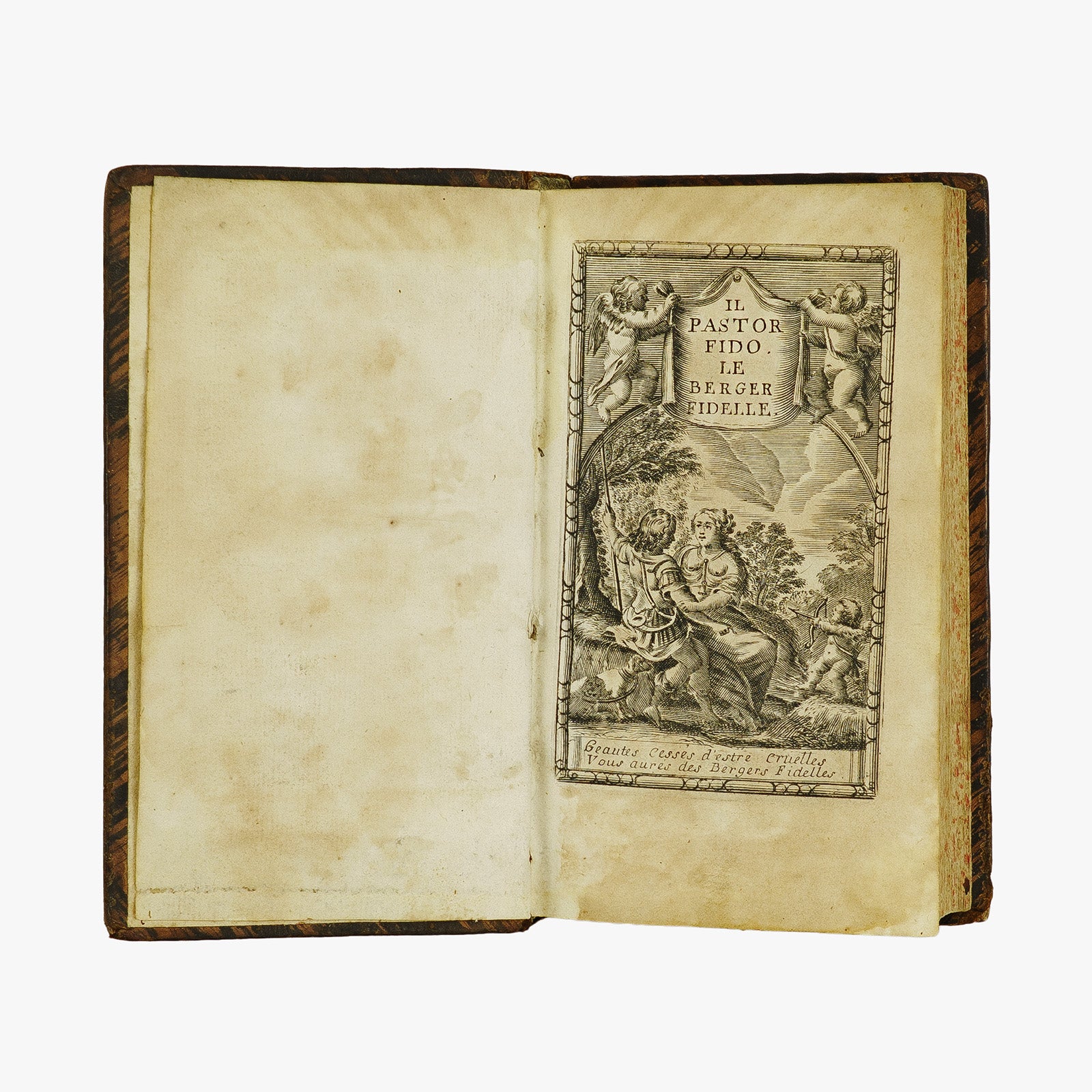 Guarini — Il Pastor Fido / Le Berger Fidelle (Claude Barbin, 1672). Livro físico raro. Século XVII. Encadernação em couro com douração.