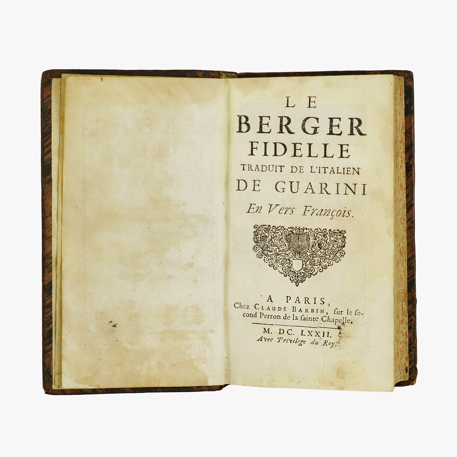 Guarini — Il Pastor Fido / Le Berger Fidelle (Claude Barbin, 1672). Livro físico raro. Século XVII. Encadernação em couro com douração.