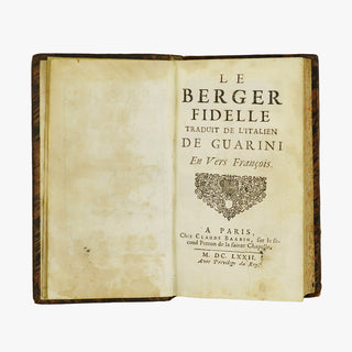 Guarini — Il Pastor Fido / Le Berger Fidelle (Claude Barbin, 1672). Livro físico raro. Século XVII. Encadernação em couro com douração.