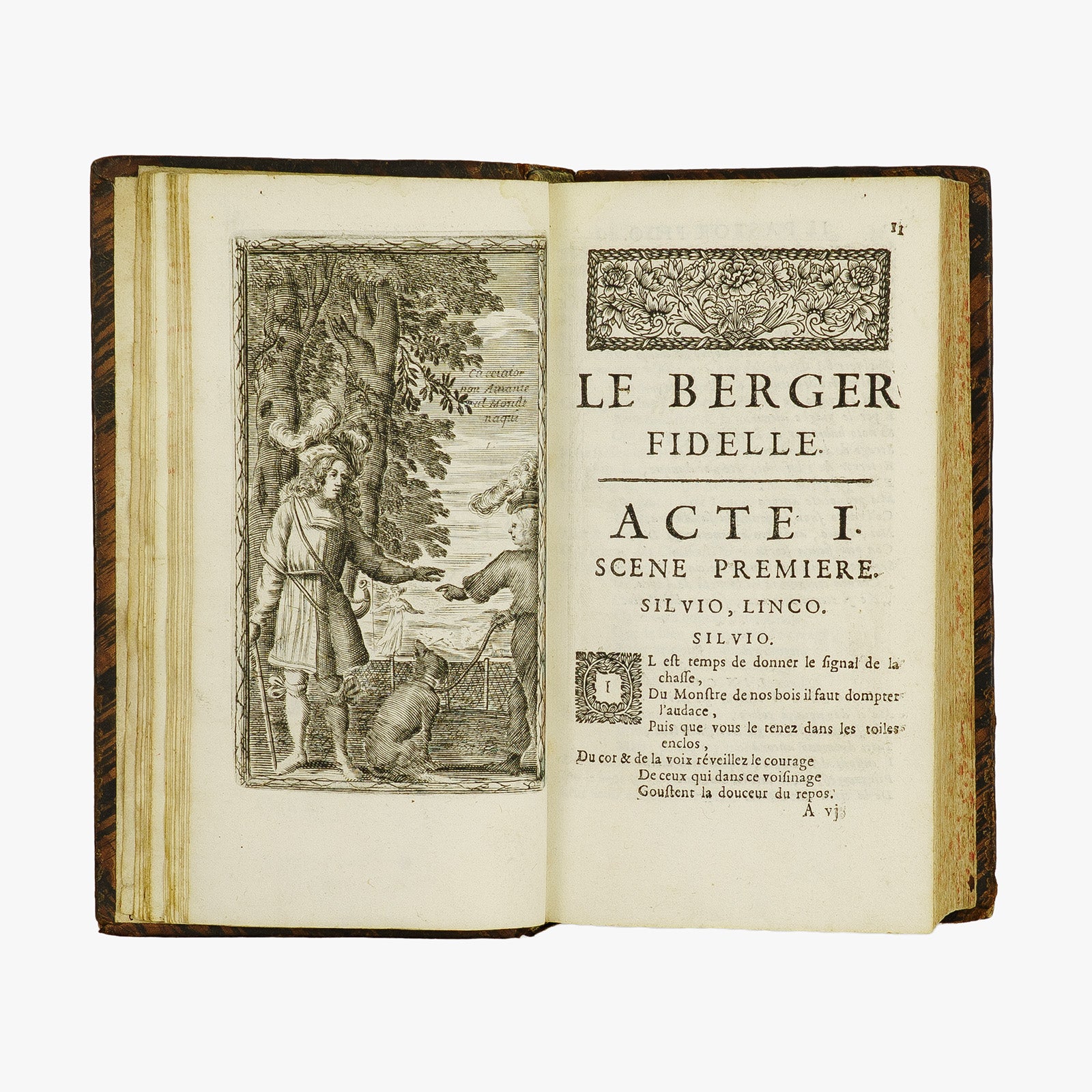 Guarini — Il Pastor Fido / Le Berger Fidelle (Claude Barbin, 1672). Livro físico raro ilustrado. Século XVII. Encadernação em couro com douração.