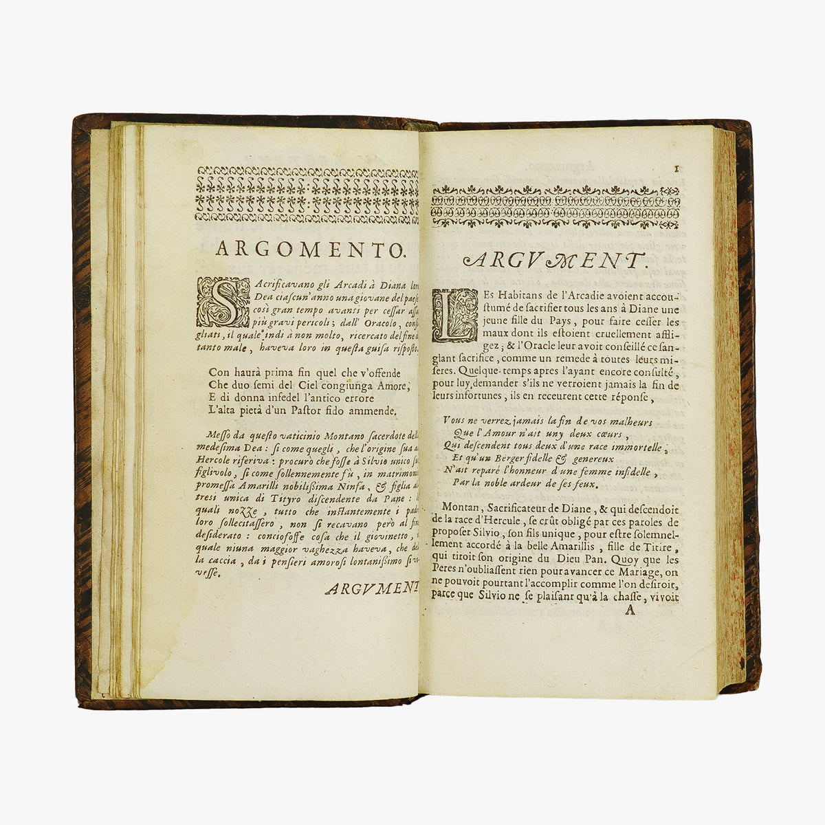 Guarini — Il Pastor Fido / Le Berger Fidelle (Claude Barbin, 1672). Livro físico raro. Século XVII. Encadernação em couro com douração.