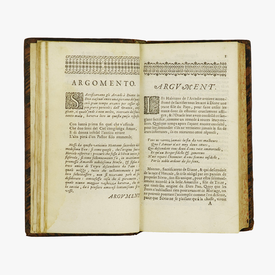 Guarini — Il Pastor Fido / Le Berger Fidelle (Claude Barbin, 1672). Livro físico raro. Século XVII. Encadernação em couro com douração.