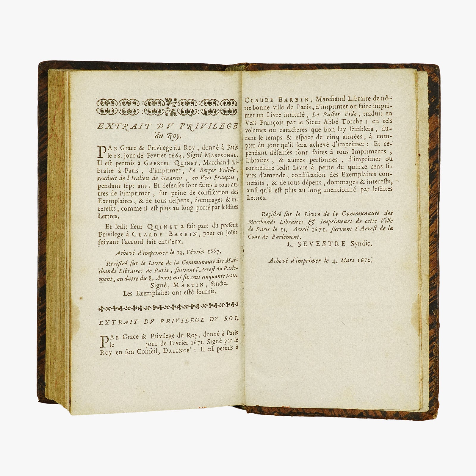 Guarini — Il Pastor Fido / Le Berger Fidelle (Claude Barbin, 1672). Livro físico raro. Século XVII. Encadernação em couro com douração.