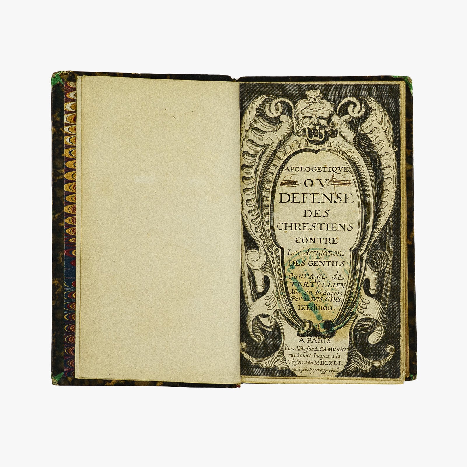 Tertullien — Apologétique ou Défense des Chrétiens (Jean Camusat, 1641). Século XVII. Livro físico. Encadernação e meio couro com douração.