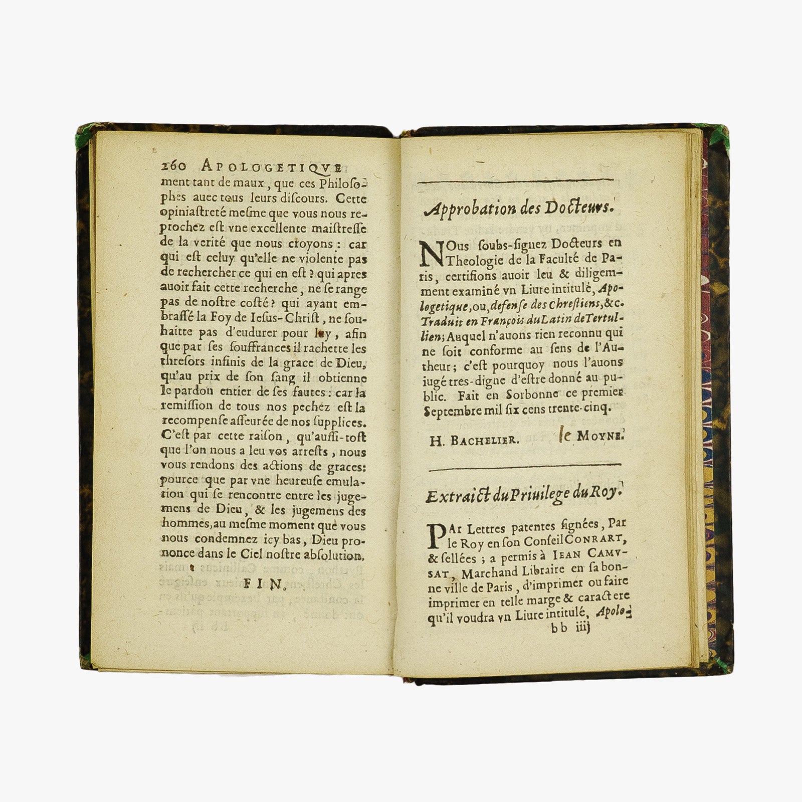 Tertullien — Apologétique ou Défense des Chrétiens (Jean Camusat, 1641). Século XVII. Livro físico. Encadernação e meio couro com douração.