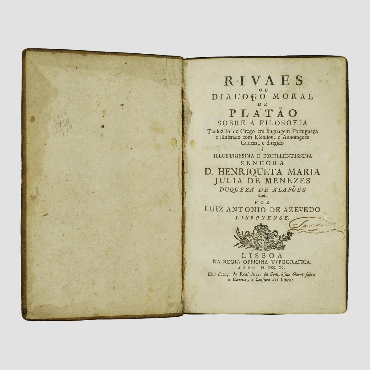 PLATÃO (c. 428/427–348/347 a.C.). Rivaes ou Dialogo Moral de Platão sobre a Filosofia (Regia Officina Typografica, Lisboa, 1790).