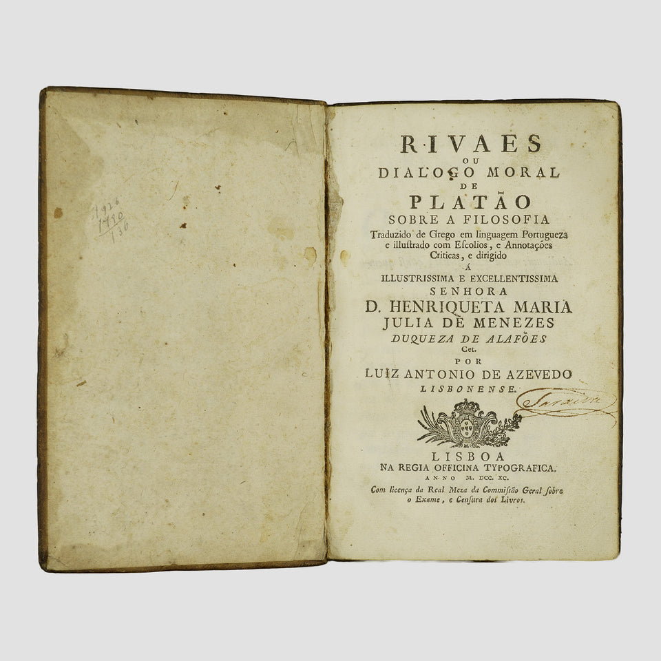 PLATÃO (c. 428/427–348/347 a.C.). Rivaes ou Dialogo Moral de Platão sobre a Filosofia (Regia Officina Typografica, Lisboa, 1790).
