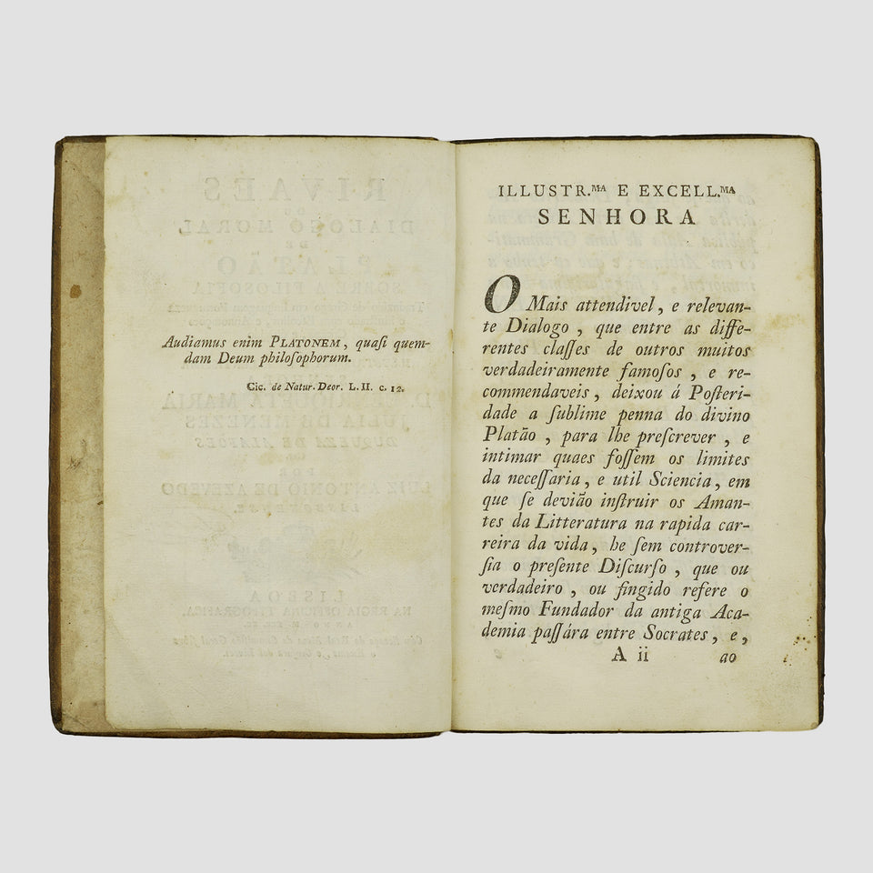 PLATÃO (c. 428/427–348/347 a.C.). Rivaes ou Dialogo Moral de Platão sobre a Filosofia (Regia Officina Typografica, Lisboa, 1790).