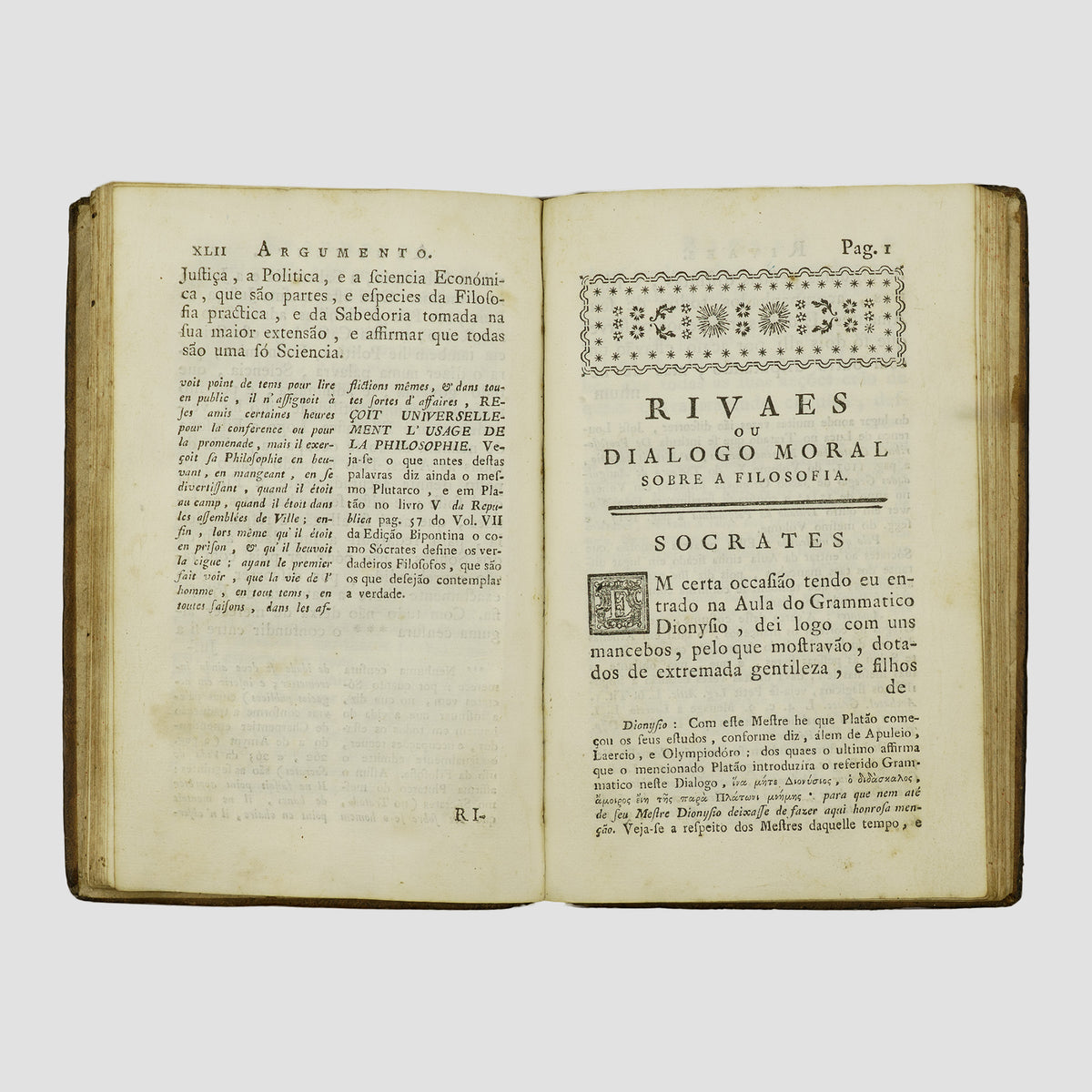 PLATÃO (c. 428/427–348/347 a.C.). Rivaes ou Dialogo Moral de Platão sobre a Filosofia (Regia Officina Typografica, Lisboa, 1790).