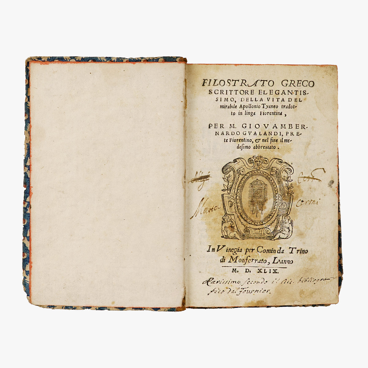 Filostrato — Vita Apollonii Tyanei (Comin da Trino di Monferrato, 1549). Livro físico. Século XVI. Encadernação em meio couro com douração.