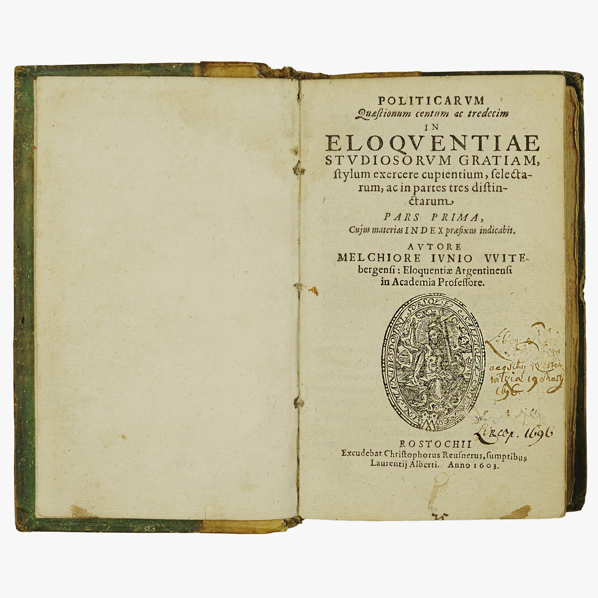JUNIUS, Melchior (1545–1604). Politicarum Quaestionum Centum ac Tredecim in Eloquentiae Studiosorum Gratiam, Stylum Exercere Cupientium, Selectarum, ac in Partes Tres... (Christophorus Reusner / Laurentii Alberti, Rostochii, 1603–1604), 3 partes. Livro raríssimo. Século 17.