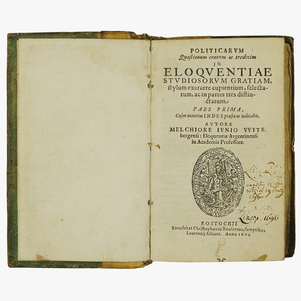 JUNIUS, Melchior (1545–1604). Politicarum Quaestionum Centum ac Tredecim in Eloquentiae Studiosorum Gratiam, Stylum Exercere Cupientium, Selectarum, ac in Partes Tres... (Christophorus Reusner / Laurentii Alberti, Rostochii, 1603–1604), 3 partes. Livro raríssimo. Século 17.