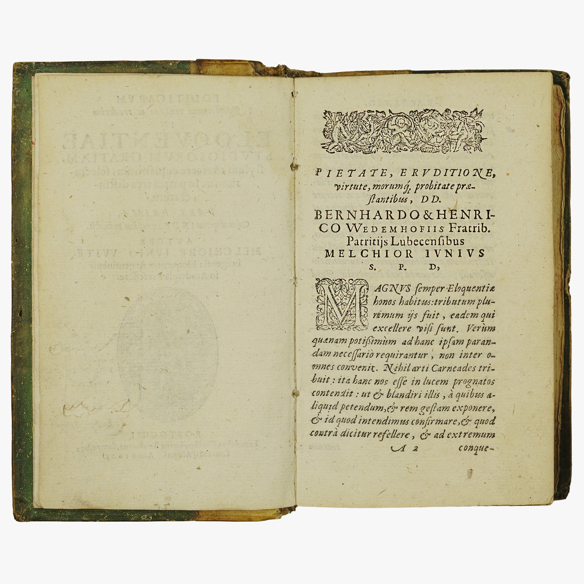 JUNIUS, Melchior (1545–1604). Politicarum Quaestionum Centum ac Tredecim in Eloquentiae Studiosorum Gratiam, Stylum Exercere Cupientium, Selectarum, ac in Partes Tres... (Christophorus Reusner / Laurentii Alberti, Rostochii, 1603–1604), 3 partes.