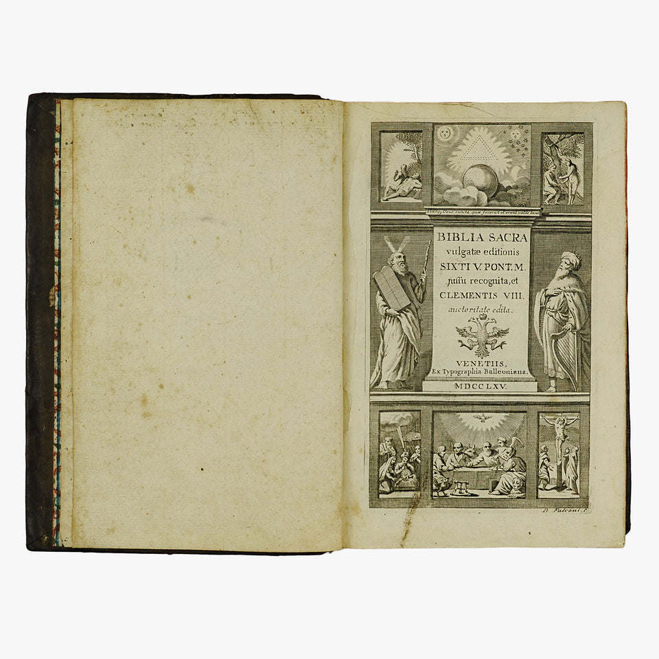 Biblia Sacra — Vulgatæ Editionis (Typographia Balleoniana, 1765). Livro físico. Encadernação em couro com douração. Latim, século XVIII.