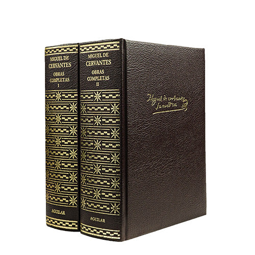 Miguel de Cervantes — Obras completas (Aguilar, 2003), 2 volumes. Encadernação editorial com douração. Livros físicos.