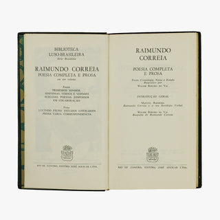 Raimundo Corrêa — Poesia completa e prosa (José Aguilar, 1961). Livro físico com encadernação em couro com douração.