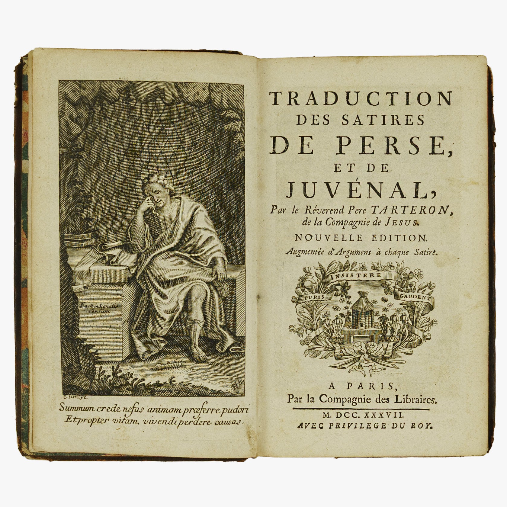 JUVÉNAL, Décime Junius (c. 55 – c. 140 d.C.) & PÉRSIO, Aulus Persius Flaccus (34 – 62 d.C). Traduction des Satires de Perse et de Juvénal (Compagnie des Libraires, Paris, 1737).