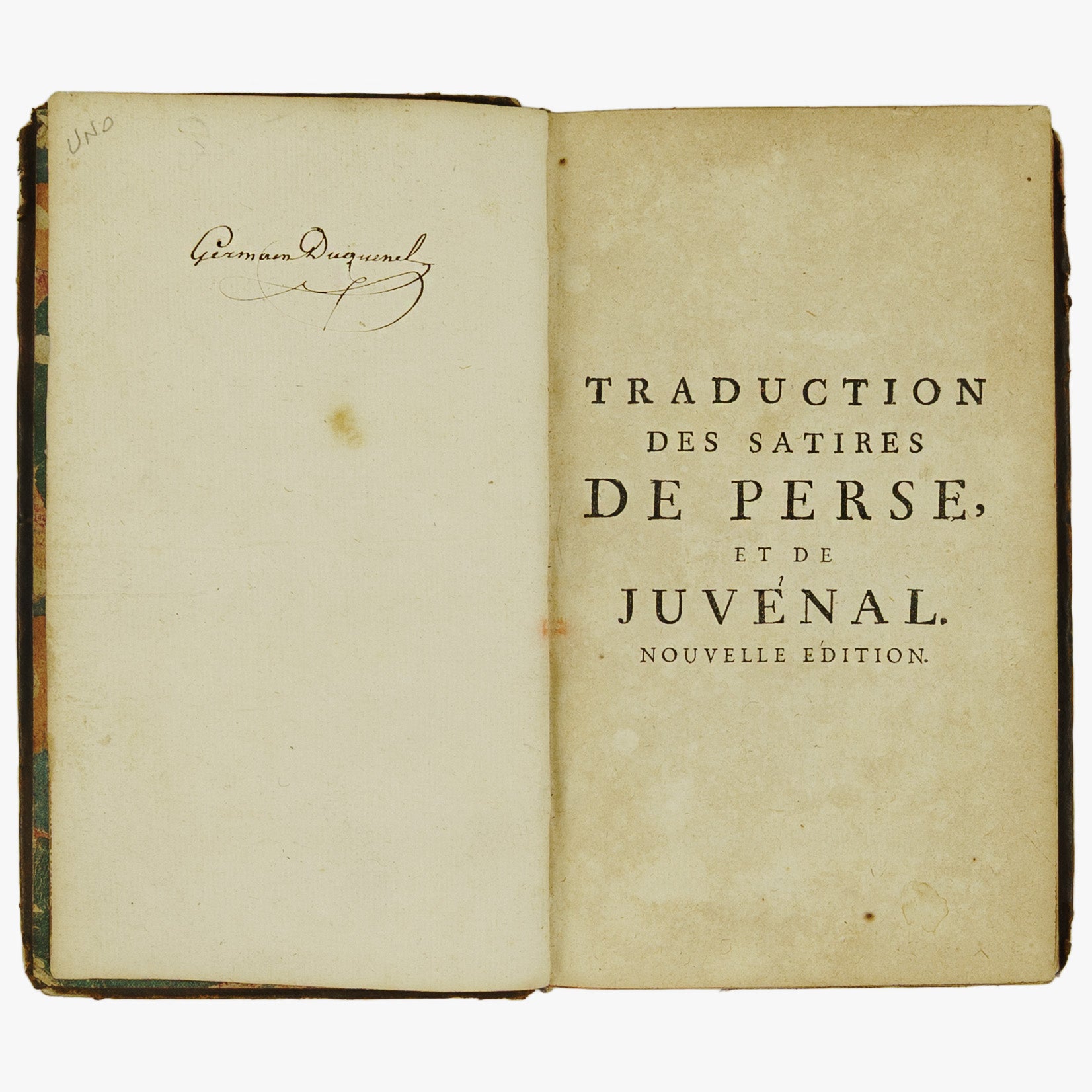 JUVÉNAL, Décime Junius (c. 55 – c. 140 d.C.) & PÉRSIO, Aulus Persius Flaccus (34 – 62 d.C). Traduction des Satires de Perse et de Juvénal (Compagnie des Libraires, Paris, 1737).