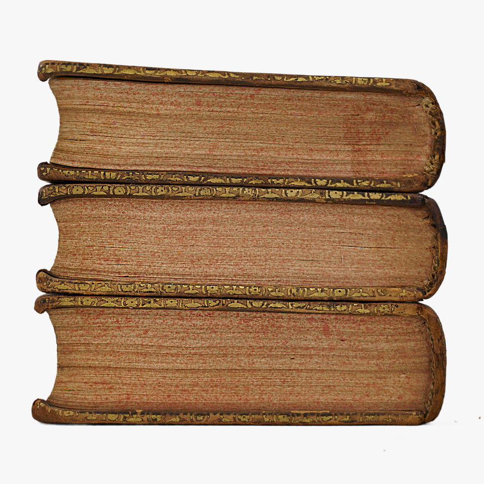Montesquieu — De l’Esprit des loix (Barillot & Fils, 1751), 3 volumes. Século XVIII. Livro físico. Encadernação em couro com douração e cortes com tingimento.