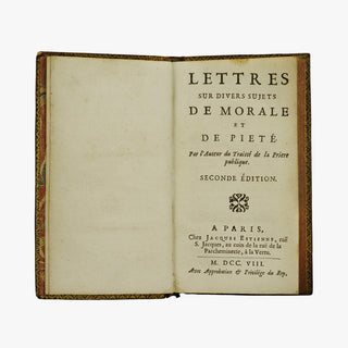 Duguet — Lettres sur divers sujets de Morale et de Piété (1708). Livro físico. Século XVIII. Encadernação em couro com douração.