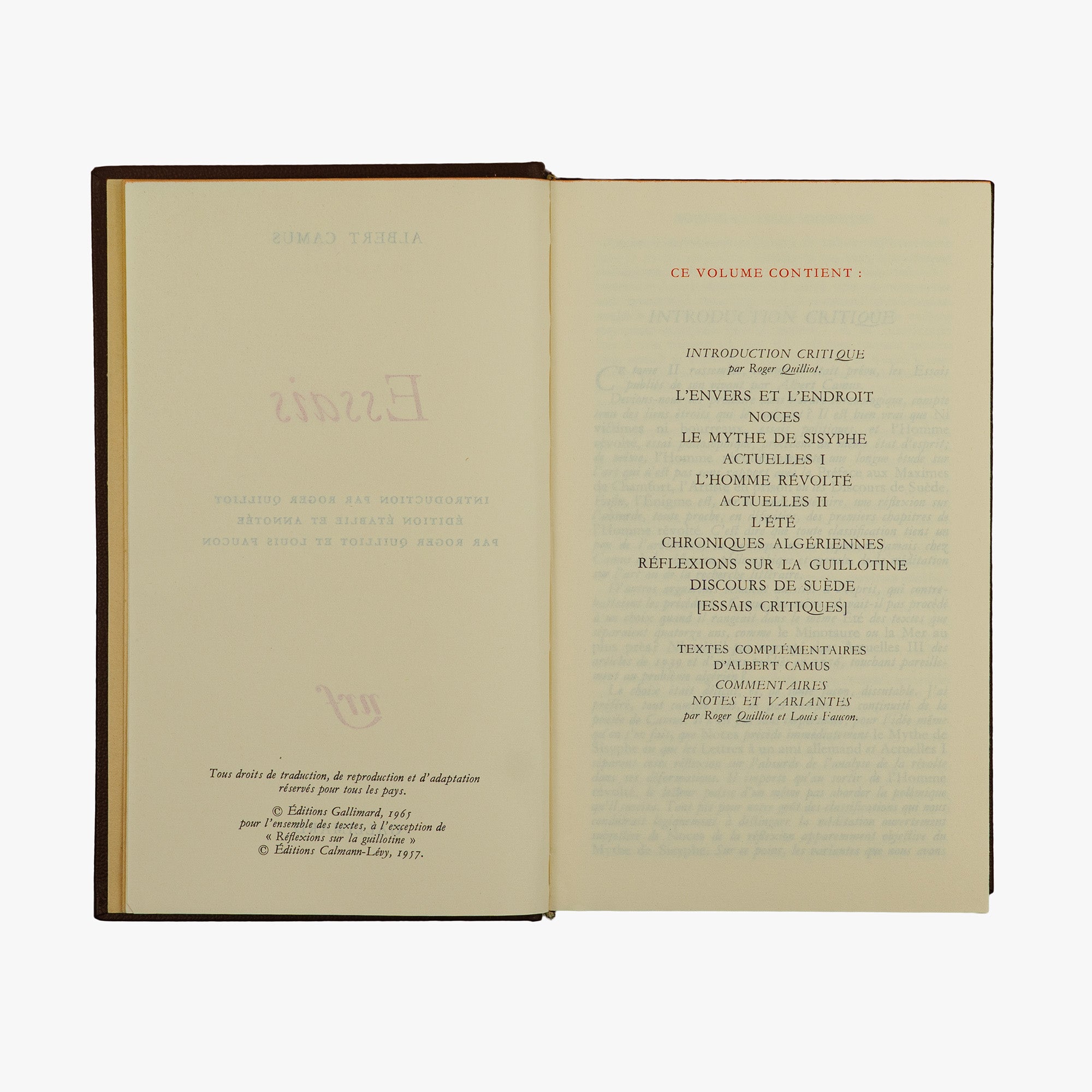 Albert Camus — Essais (Bibliothèque de la Pléiade, Gallimard, 1984). Livro físico. Encadernação editorial em couro com douração. Inactual.