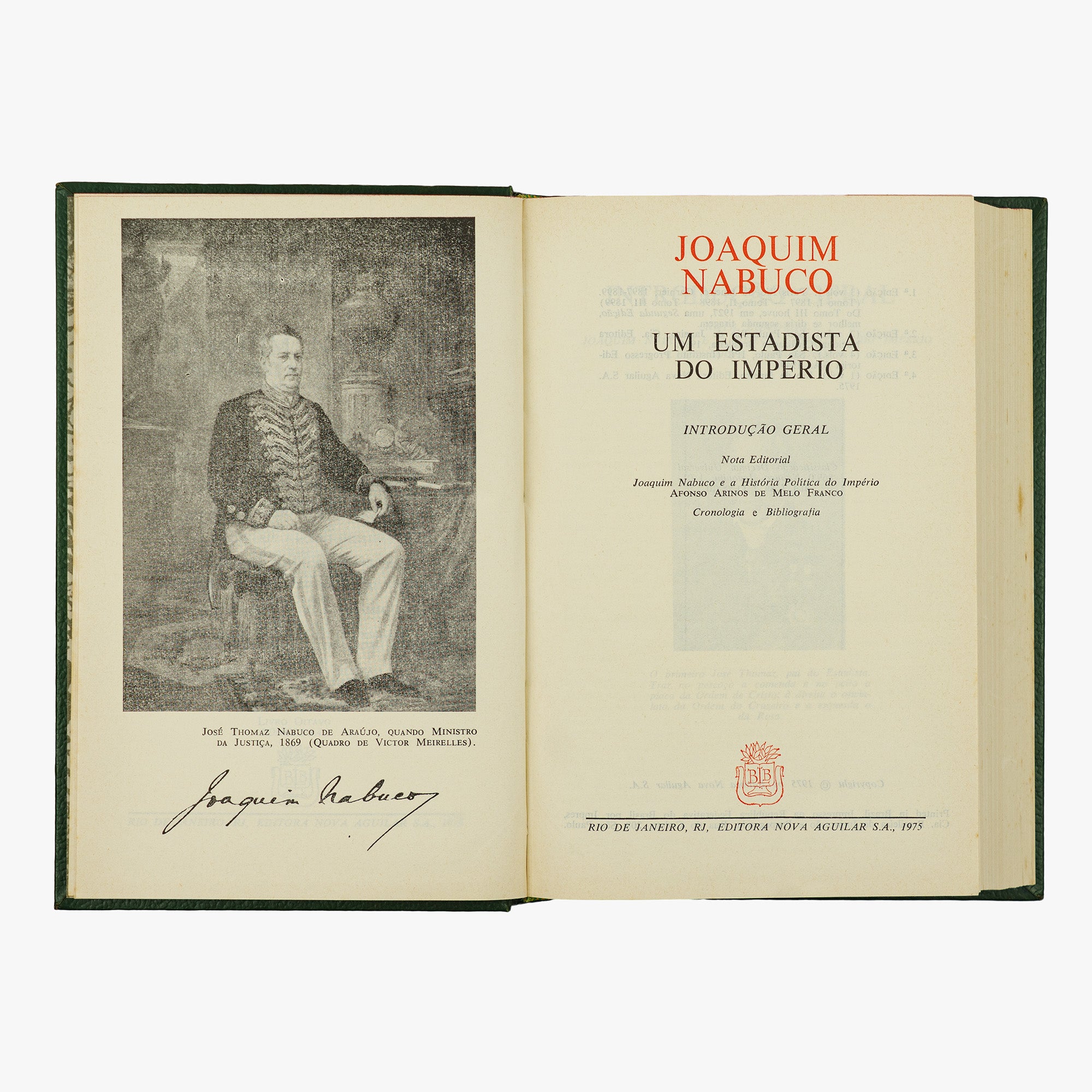 Joaquim Nabuco — Um Estadista do Império (Editora Nova Aguilar, 1975). Livro físico com encadernação em couro com douração. Folha de rosto.