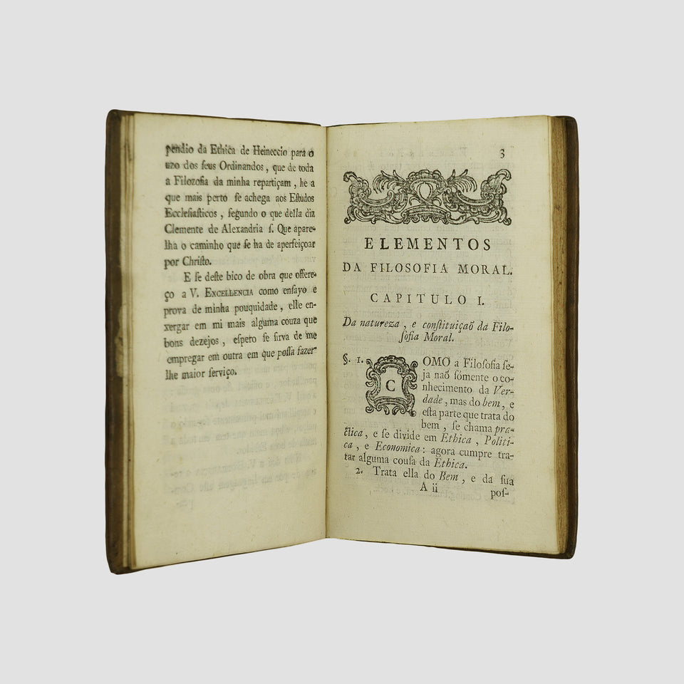 HEINECCIUS, Johann Gottlieb (1681–1741). Elementos de filosofia moral: tirados do latim em linguagem da edição de Nápoles de 1765 (Oficina de José da Silva Nazareth, Lisboa, 1785).
