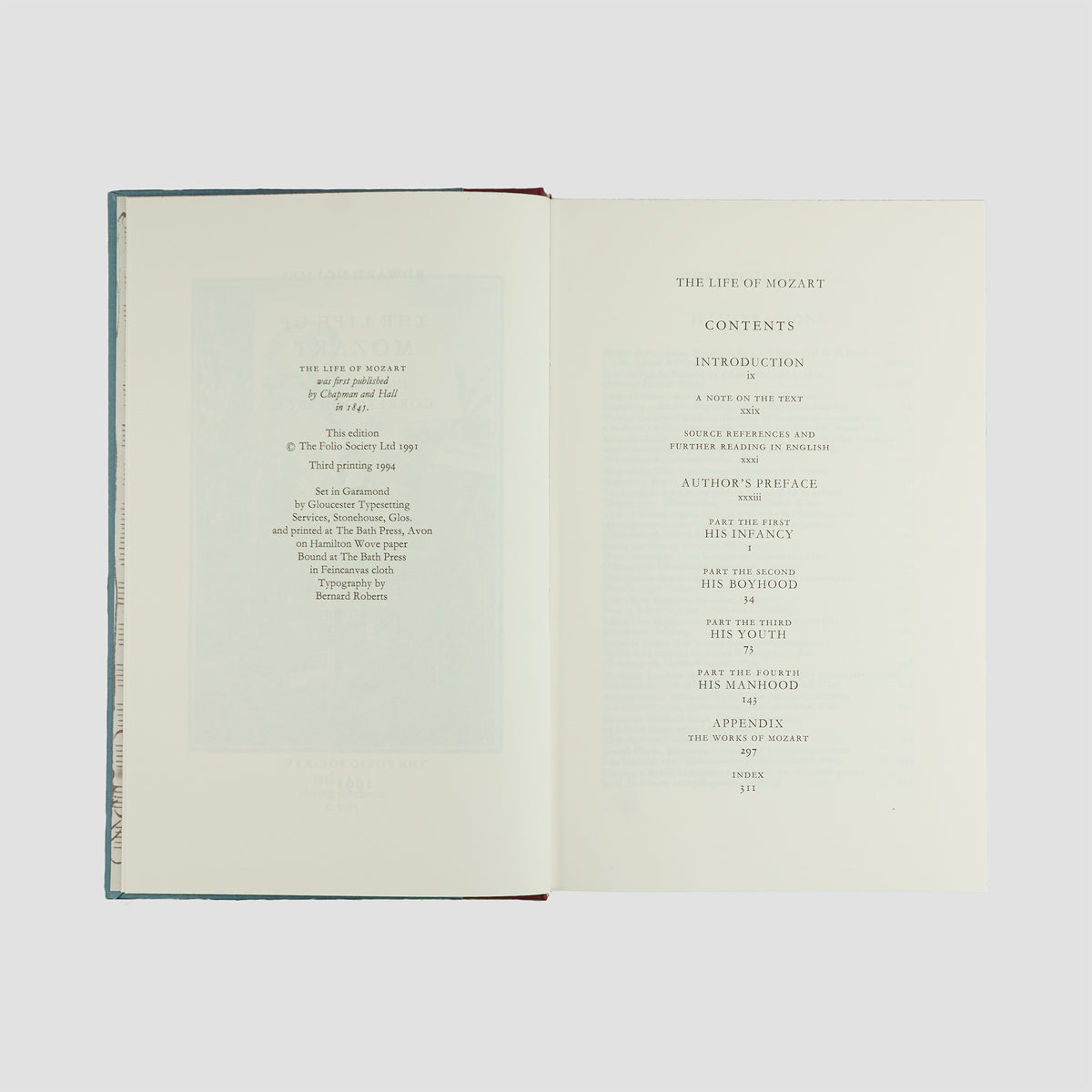 livro The Life of Mozart de Edward Holmes edição Folio Society 1994. Ficha catalográfica e contents.