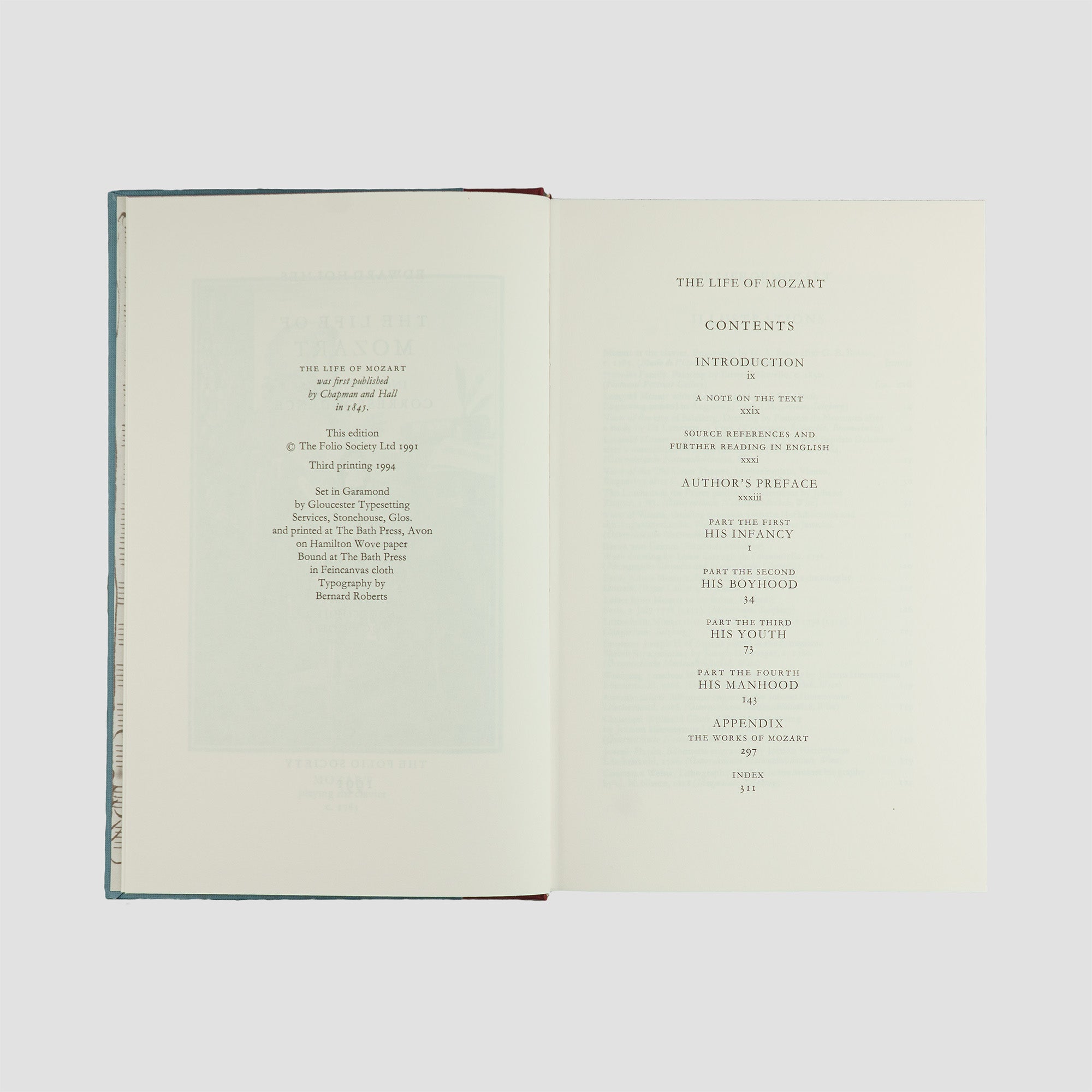 livro The Life of Mozart de Edward Holmes edição Folio Society 1994. Ficha catalográfica e contents.