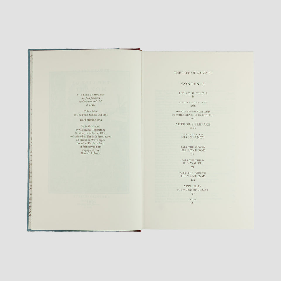 livro The Life of Mozart de Edward Holmes edição Folio Society 1994. Ficha catalográfica e contents.