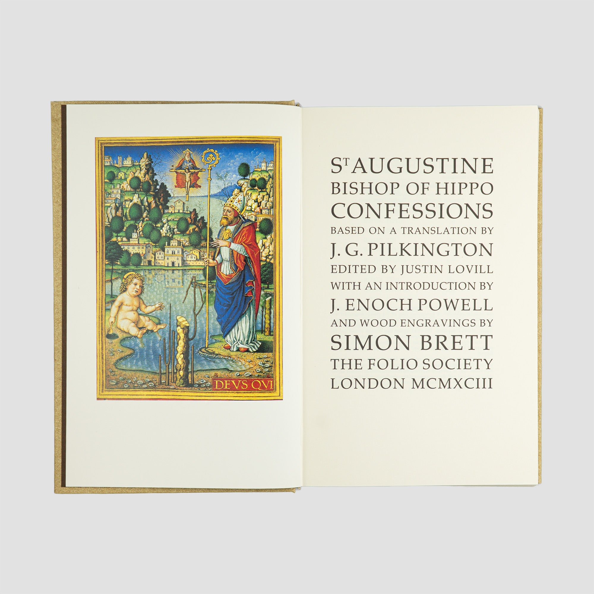 Livro Confessions de Santo Agostinho, edição The Folio Society 1993, folha de rosto com imagem ilustrativa colorida. 