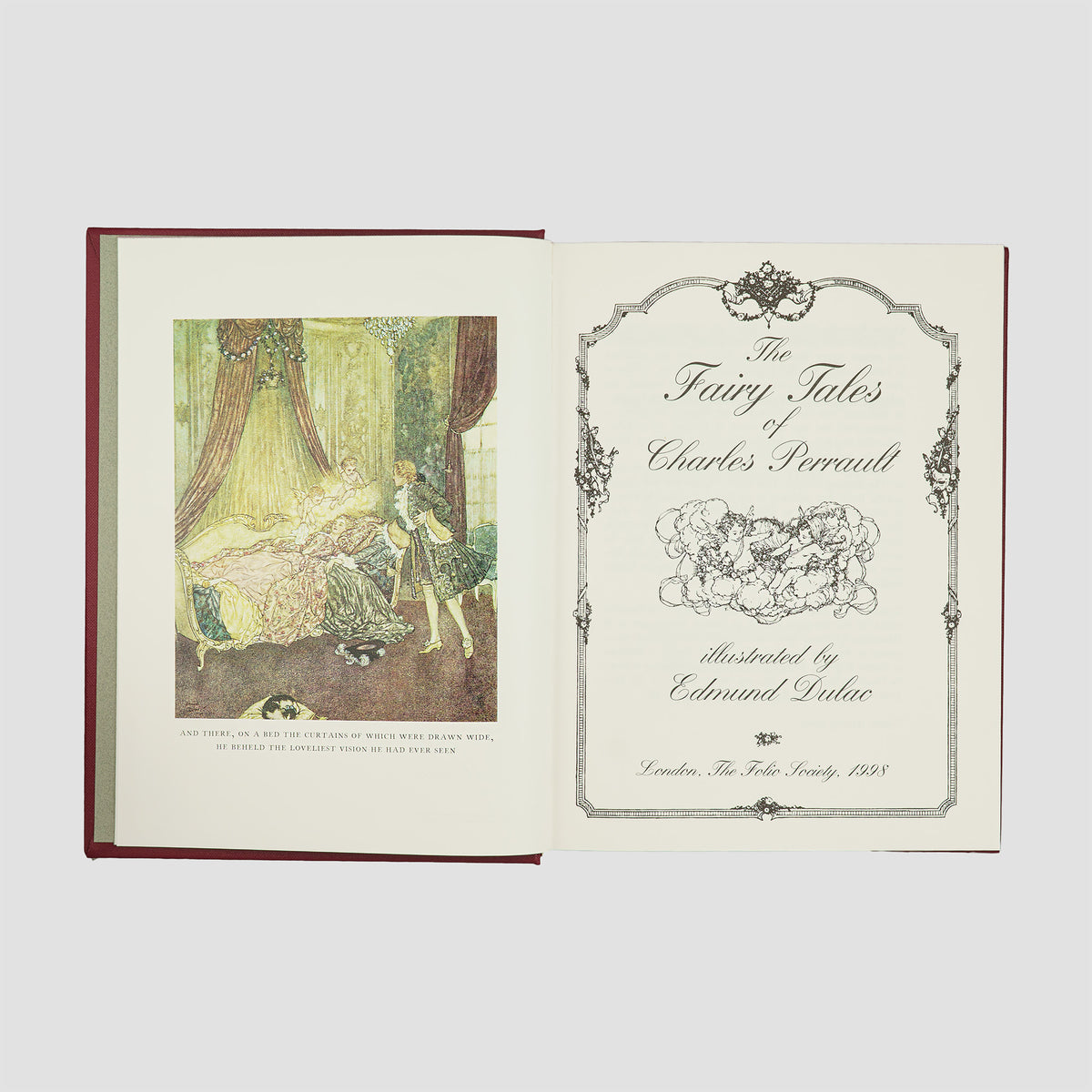livro The Fairy Tales of Charles Perrault edição Folio Society 1998. Folha de rosto com ilustração colorida. 