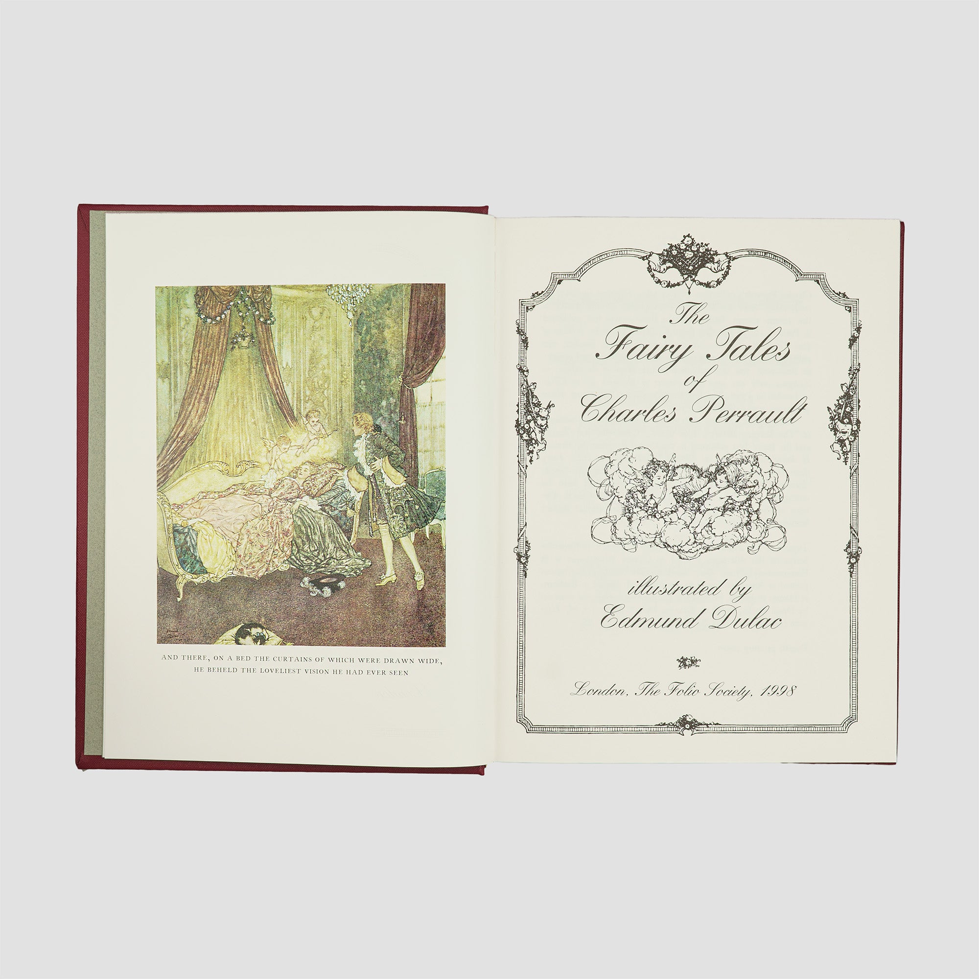 livro The Fairy Tales of Charles Perrault edição Folio Society 1998. Folha de rosto com ilustração colorida. 