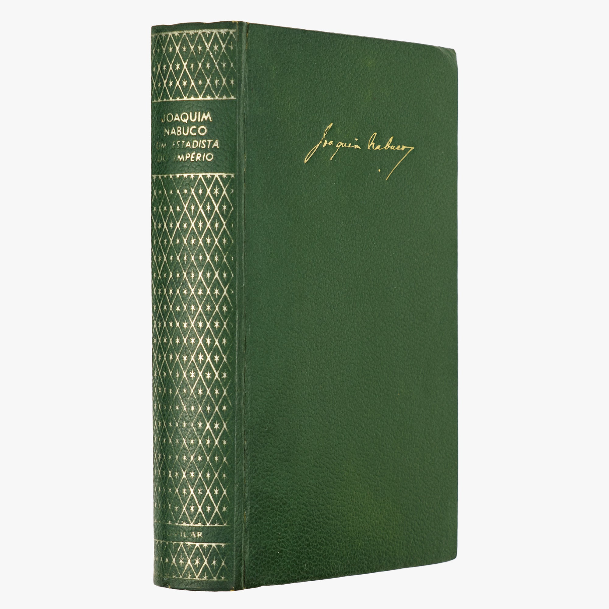 Joaquim Nabuco — Um Estadista do Império (Editora Nova Aguilar, 1975). Livro Físico. Capa encadernada em couro com douração. Fita de leitura presente.