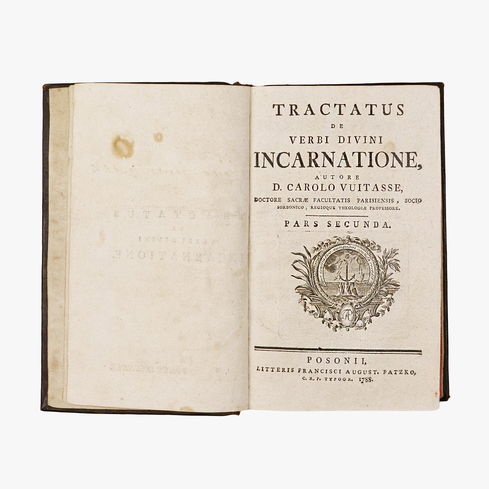 Vuitasse — Tractatus de Verbi Divini Incarnatione (Posonii, Patzko, 1788), 2 volumes. Livros físicos. Encadernação em couro com douração.