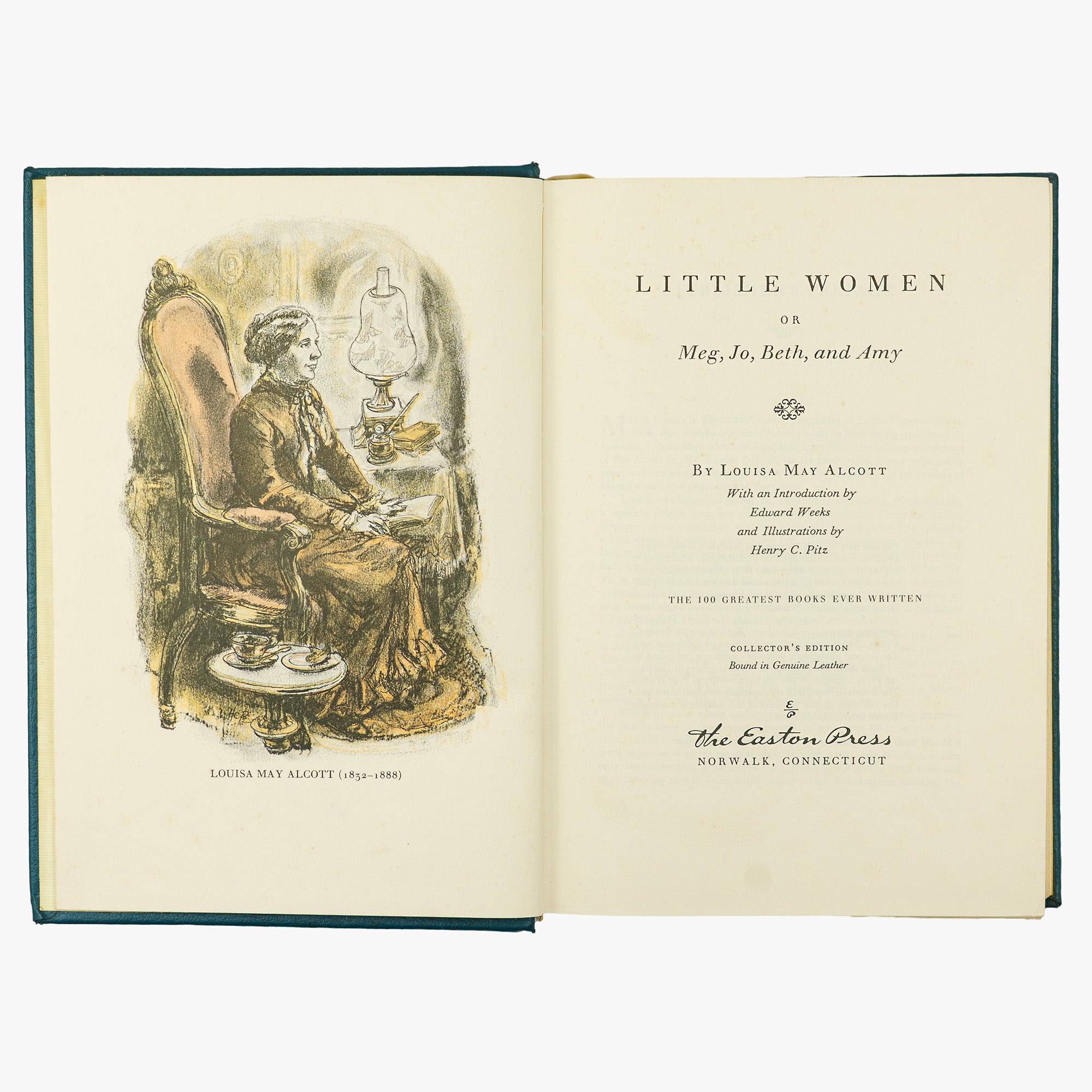 Louisa May Alcott — Little Women (The Easton Press, 1976). Livro físico ilustrado em edição de luxo. Capa de couro e cortes dourados. Fita de leitura de cetim.