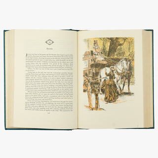 Louisa May Alcott — Little Women (The Easton Press, 1976). Livro físico ilustrado em edição de luxo. Capa de couro e cortes dourados. Fita de leitura de cetim. Ilustração colorida em página inteira. 