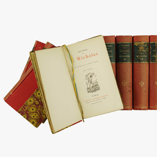 Michelet — Histoire de la Révolution française (Lemerre, 1888), 9 vols. Livros físicos. Coleção completa. Encadernação editorial. Fita de leitura presente.