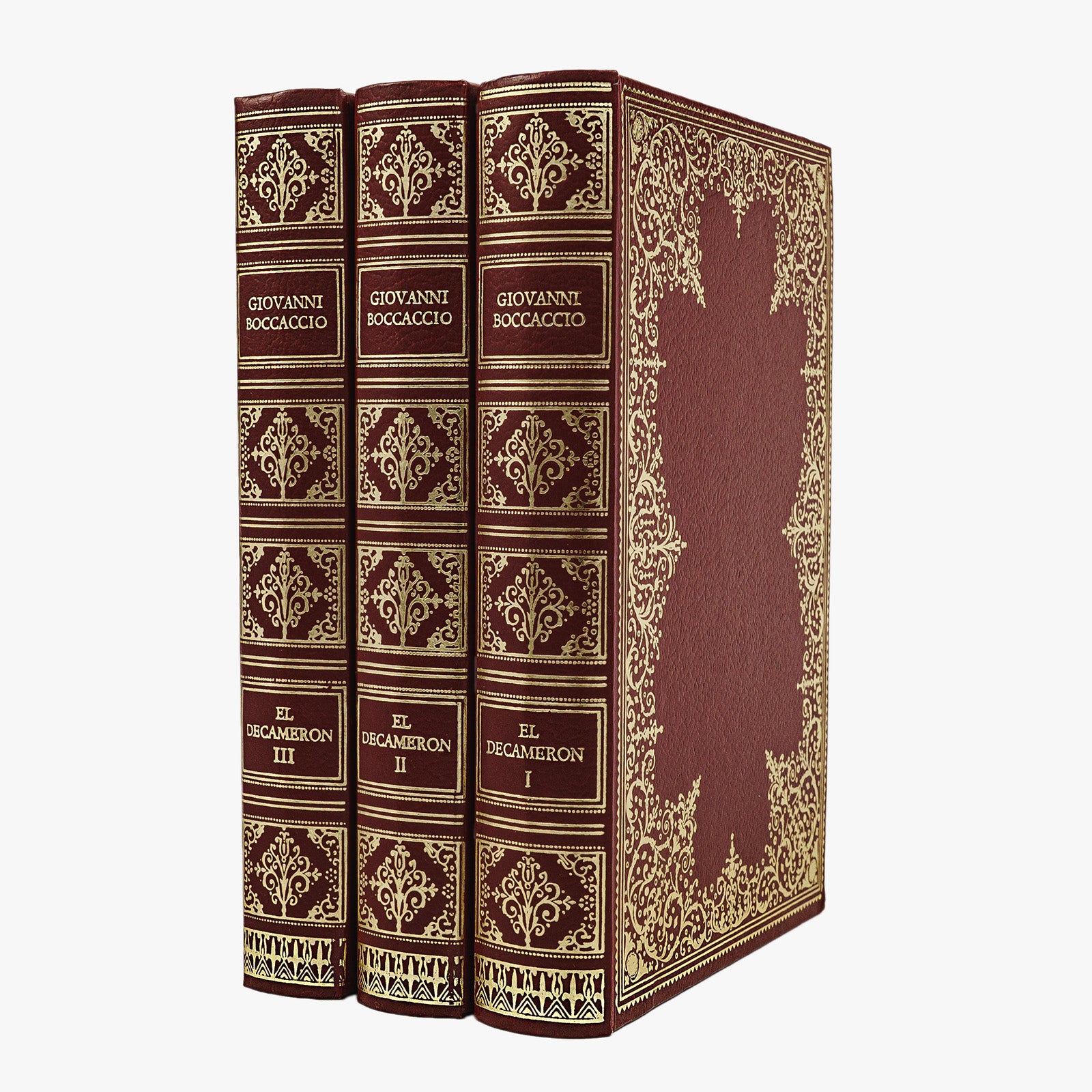 Giovanni Boccaccio — El Decameron (Círculo de Amigos de la Historia, 1973), 3 volumes. Livros físicos. Encadernação editorial com douração.