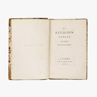 Cardeal de Bernis — La Religion vengée (Parma, Bodoni, 1795). 1ª (primeira) edição bodoniana. Encadernação coeva em meio couro com douração. 