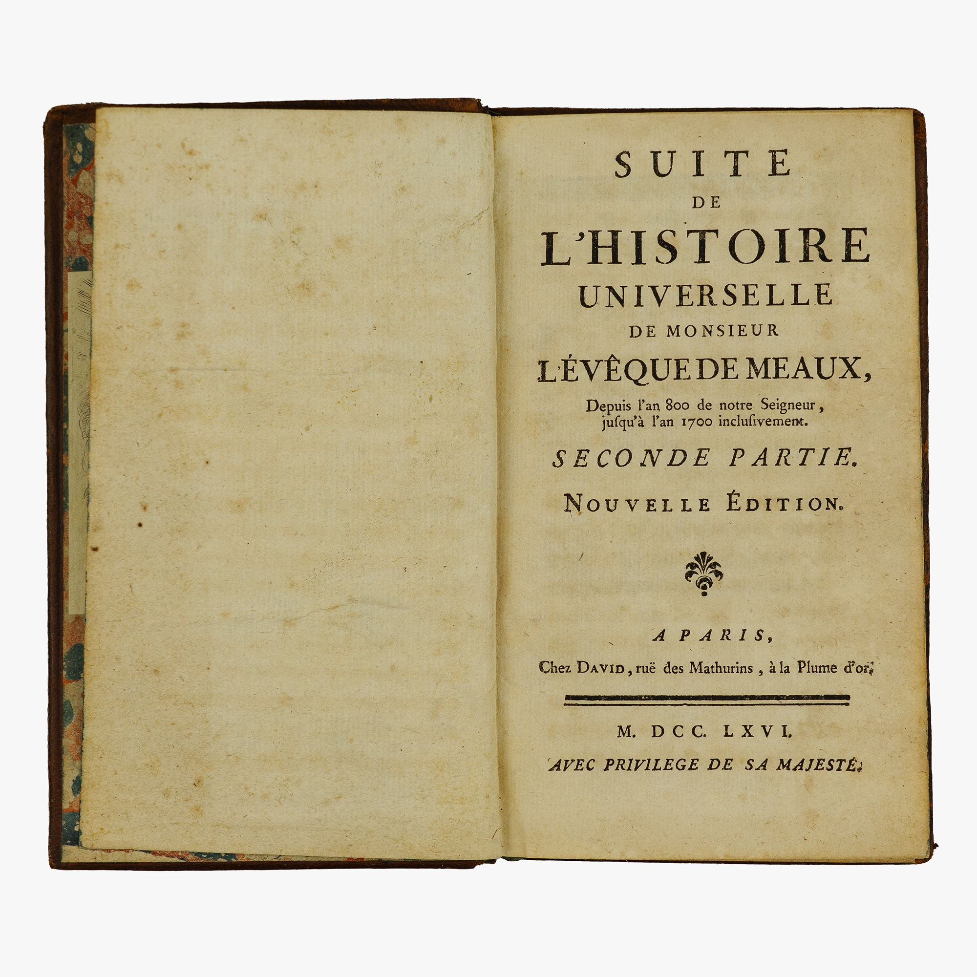 BOSSUET, Jacques-Bénigne (1627–1704); ANÔNIMO [séc. XVIII]. Discours sur l’Histoire Universelle; Suite de l’Histoire Universelle (David, Paris, 1766).
