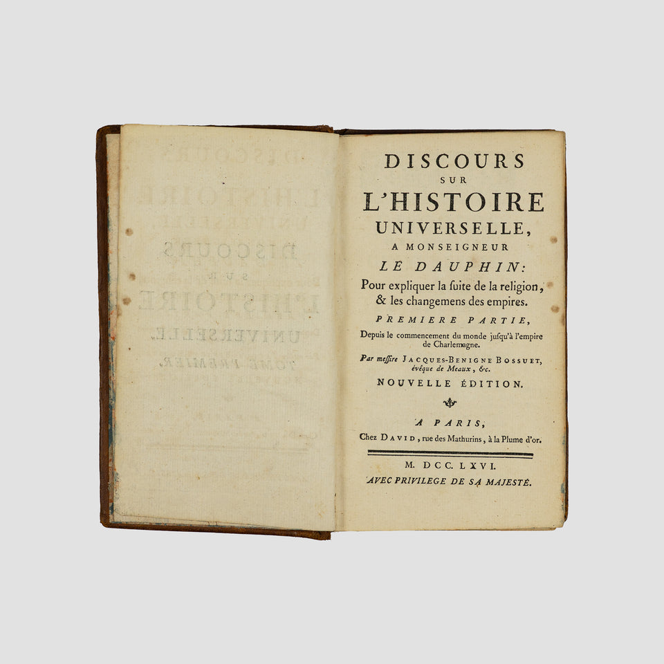 BOSSUET, Jacques-Bénigne (1627–1704); ANÔNIMO [séc. XVIII]. Discours sur l’Histoire Universelle; Suite de l’Histoire Universelle (David, Paris, 1766).