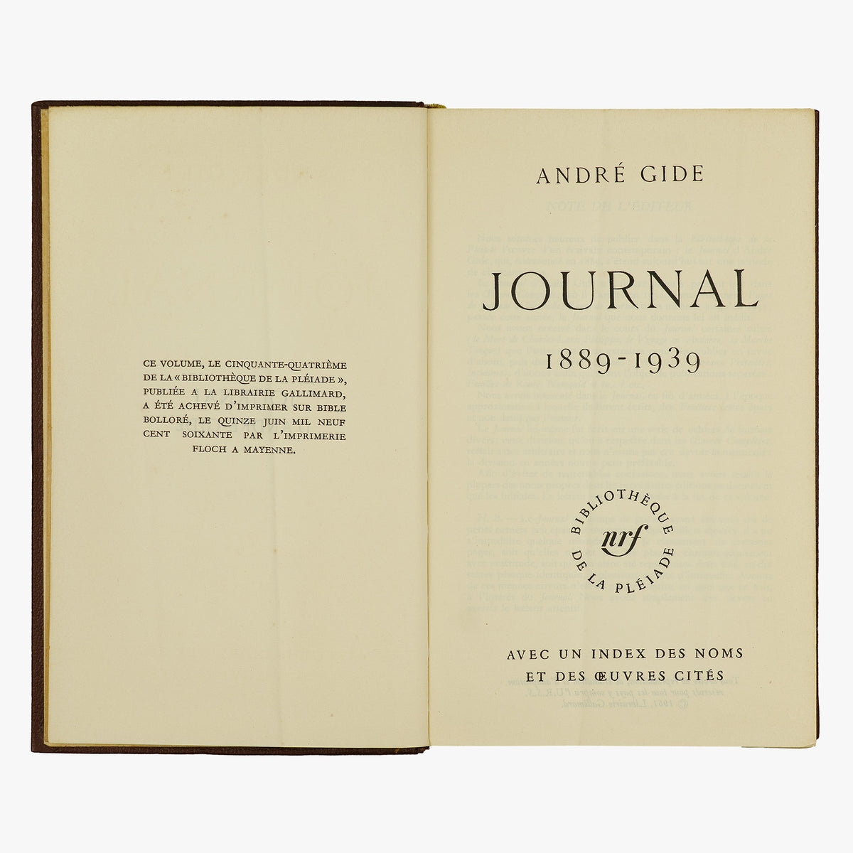 GIDE, André (1869–1951). Journal 1889–1939 (Gallimard, Paris, 1951).
