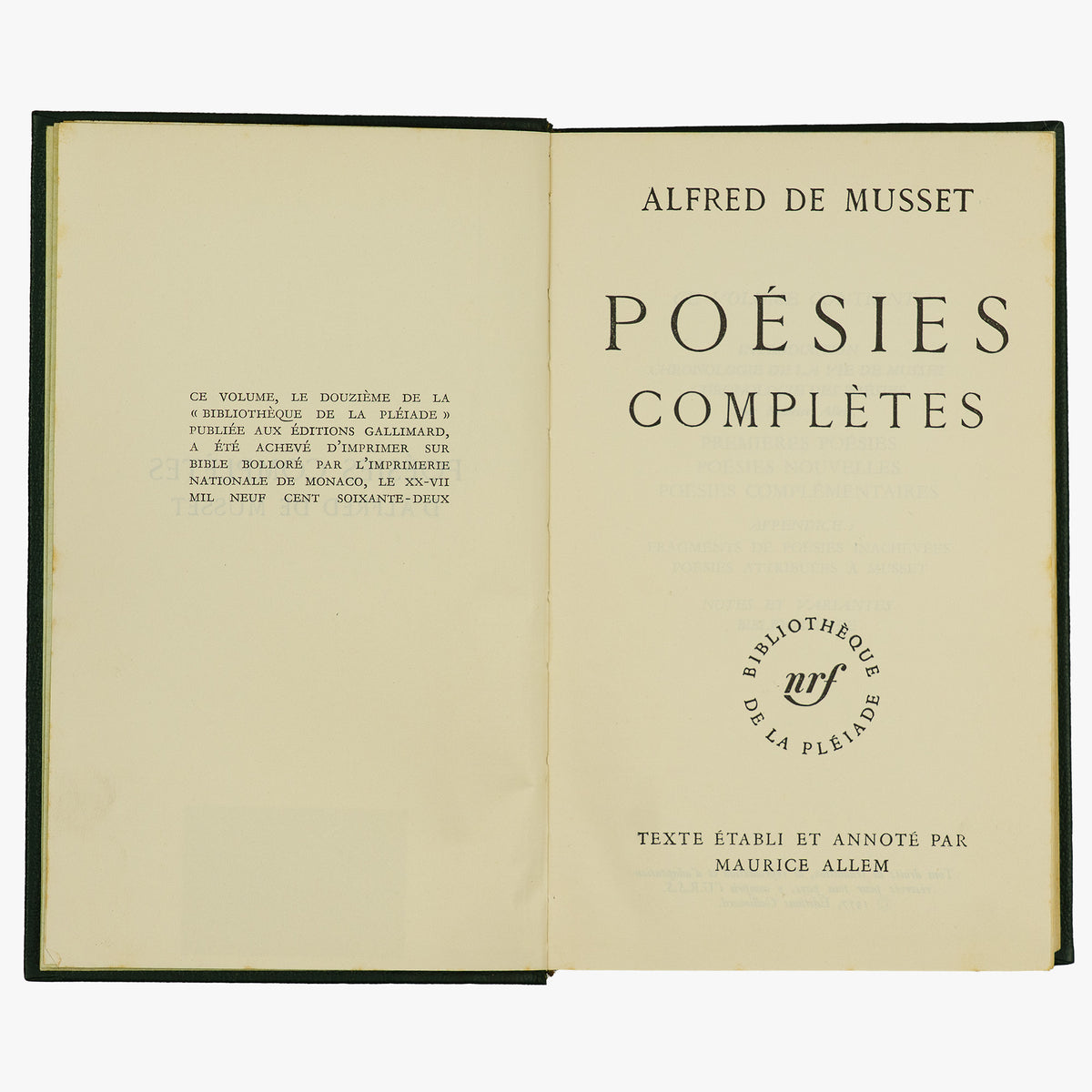 MUSSET, Alfred de (1810–1857). Poésies complètes (Gallimard, Paris, 1957).