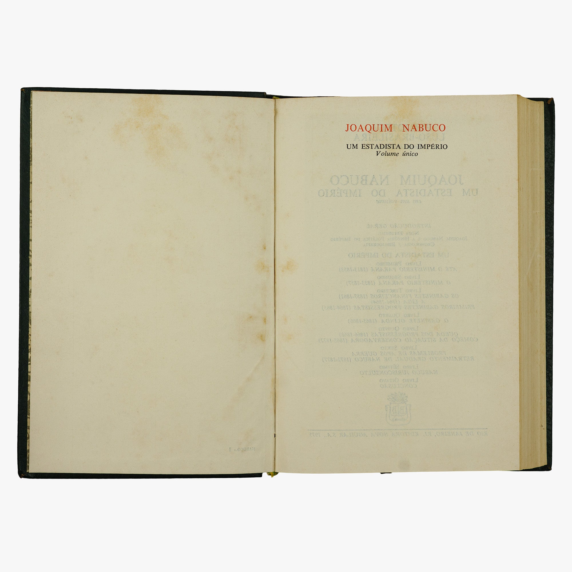 Joaquim Nabuco — Um Estadista do Império (Editora Nova Aguilar, 1975). Livro físico. Capa editorial em couro com douração.